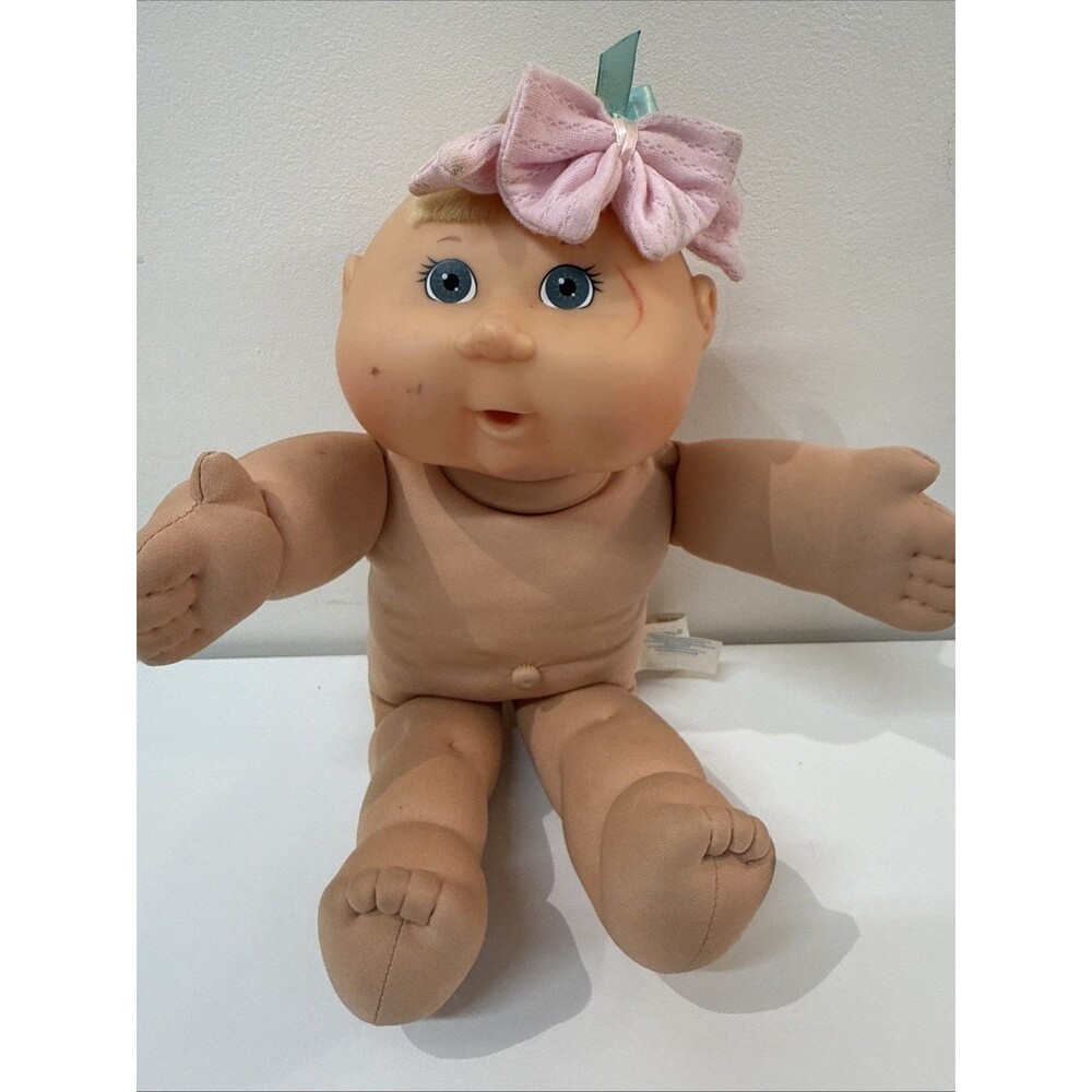 Vintage Signed Cabbage Patch Doll Blue Eyes Blonde Hair Pink Bow VTG READ